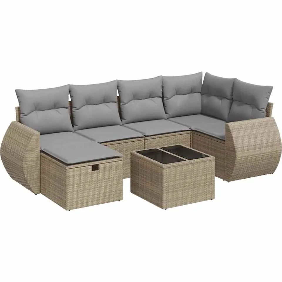 vidaXL 7-delige Loungeset met kussens poly rattan beige, foto 3
