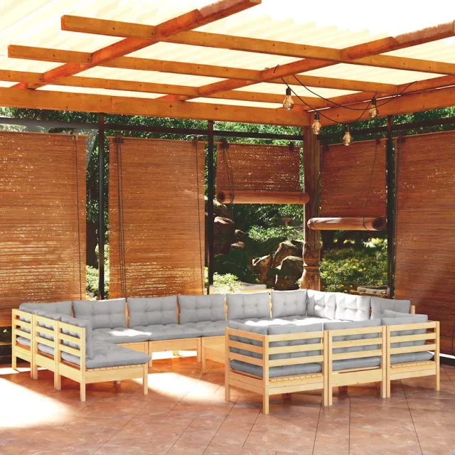vidaXL 14-delige Loungeset met grijze kussens grenenhout grijs, foto 2