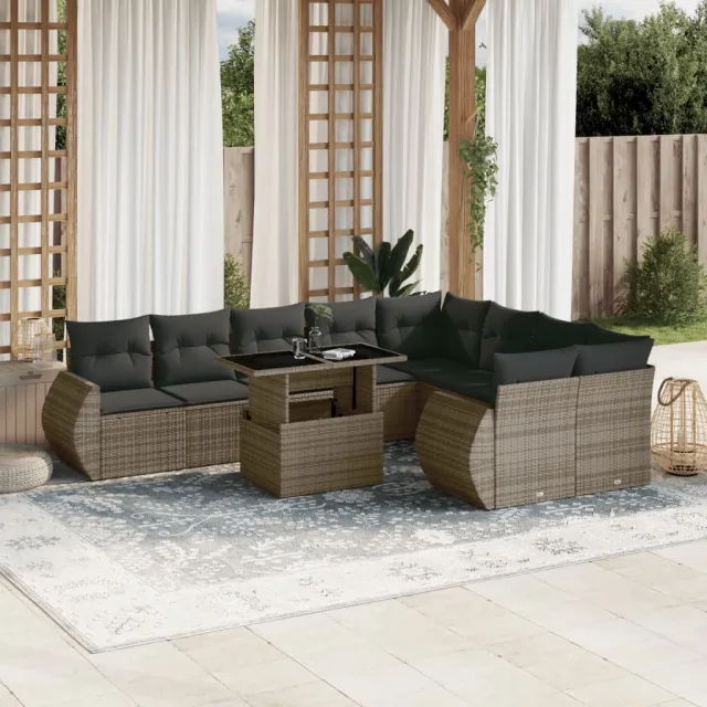 vidaXL 10-delige Loungeset met kussens poly rattan grijs, foto 2