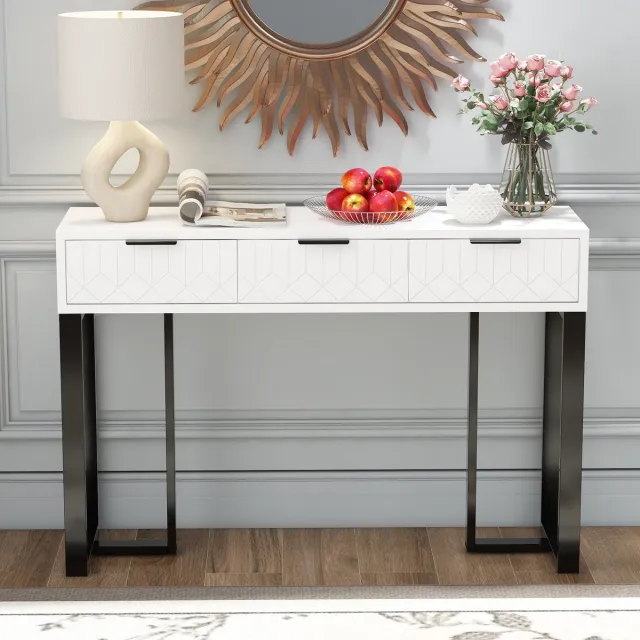 Wishdor Consoletafel - Met Laden En Geometrisch Front - Modern - Voor Woonkamer Of Hal - MDF - Zwart Wit Zwart+Wit