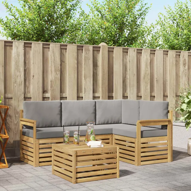 vidaXL Buiten bankenset 5 st Wit en Lichtgrijs Polyester Bruin