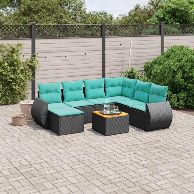 vidaXL 8-delige tuinbankset met kussens, zwart polyrotan, foto 2