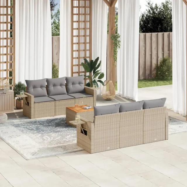 vidaXL 7-delige Loungeset met kussens poly rattan gemengd beige, foto 2