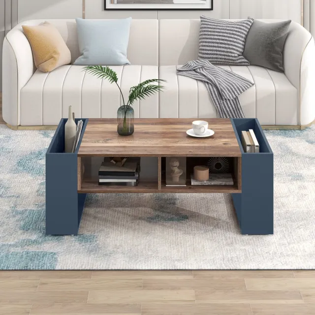 DESMIU Salontafel - Houtnerf Met Greeploze Lade En Dubbele Opbergruimte - Voor Woonkamer En Interieur - Spaanplaat - 111 X 40 X 60 Cm - Zwart Grijs
