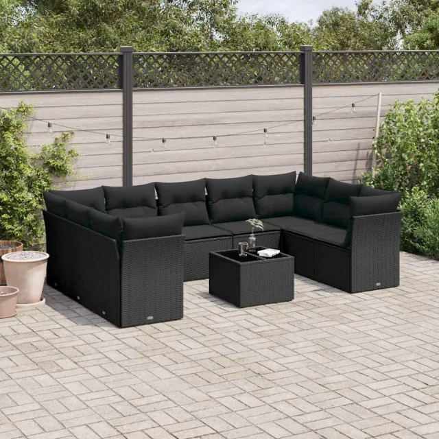 vidaXL 10-delige Loungeset met kussens poly rattan zwart, foto 2