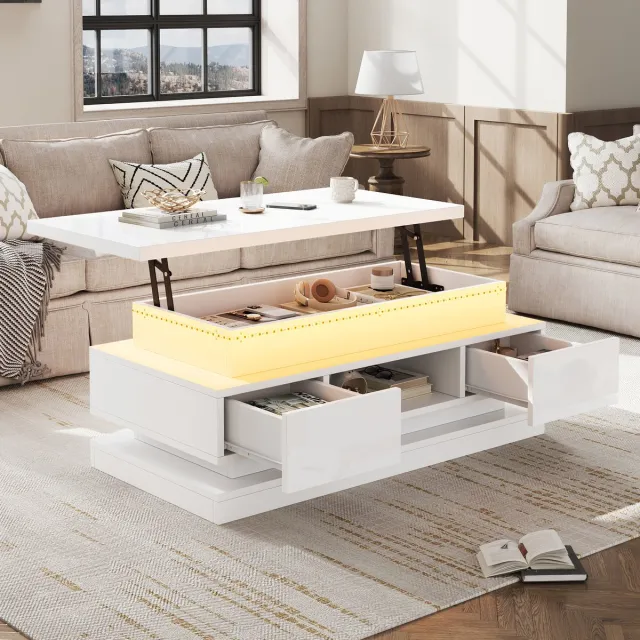 MODENUIT Salontafel - Verstelbaar Met LED En 2 Lades - Voor Woonkamer - Hoogglans Spaanplaat - 100x50x40 Cm - Wit