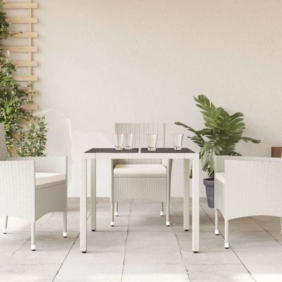 vidaXL Tuintafel met glazen blad 90x90x75 cm poly rattan wit, foto 3