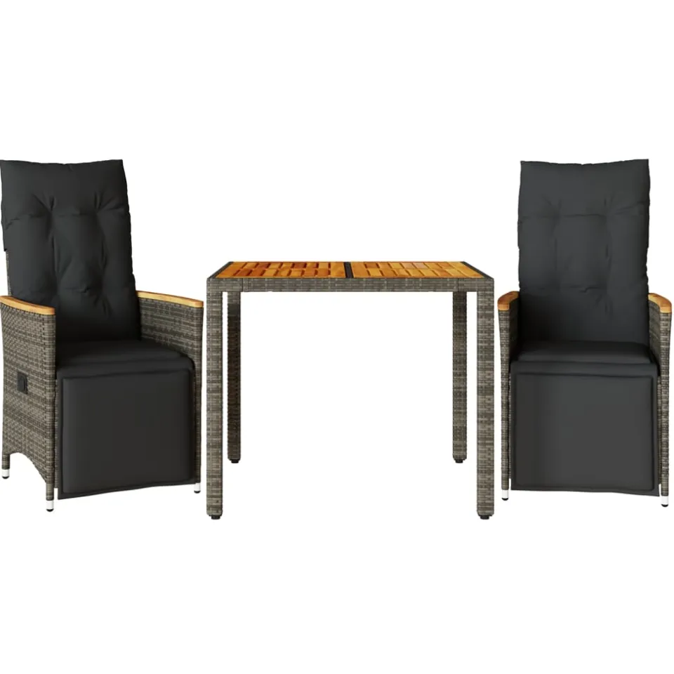 vidaXL 3-delige Bistroset met kussens poly rattan grijs, foto 3