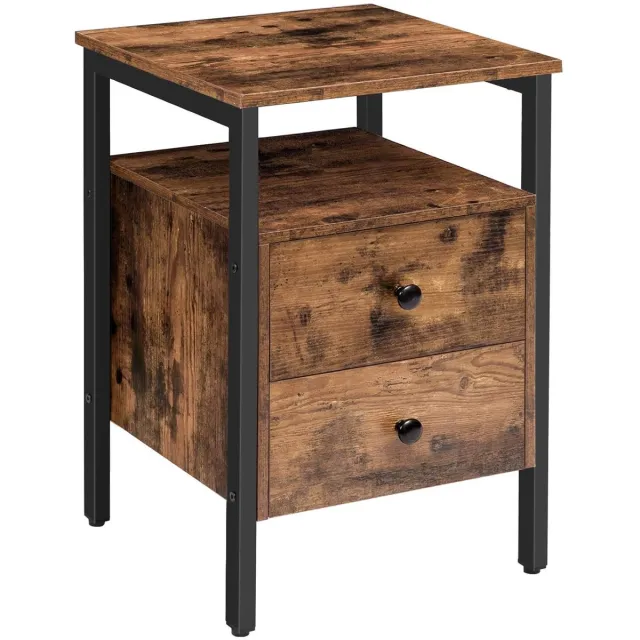 Trankielo Vintage Nachtkastje met Dubbele Laden – Industriële Bijzettafel – 40x40x61cm – Retro Sfeer – Duurzaam en Stabiel Zwart bruin