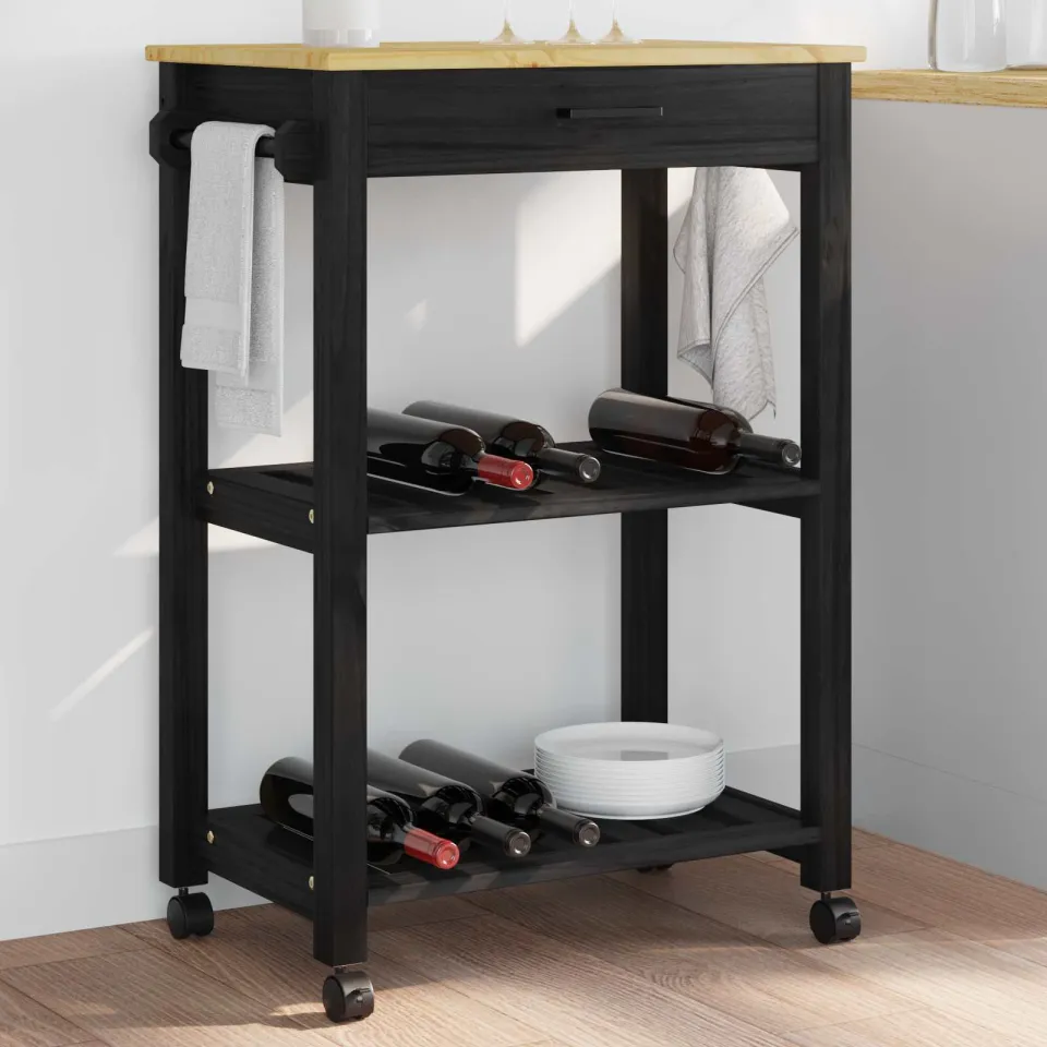 vidaXL Keuken Trolley MONZA Zwart 60 x 40 x 88,5 cm Massief Vurenhout, foto 3