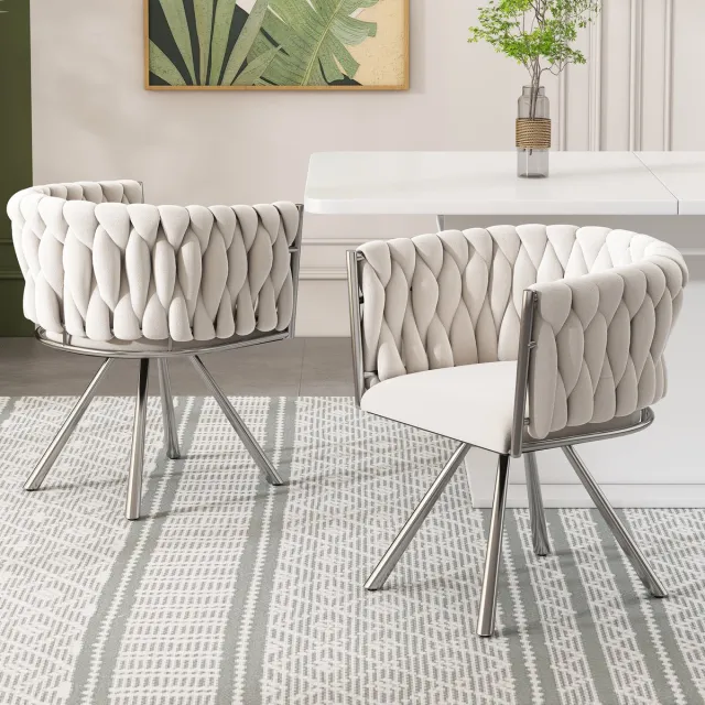 MODENUIT Eetkamerstoel - Set van 2 - 360 Graden Draaibaar Met Gebogen Rugleuning - Voor Eetkamer - Fluweel Beige