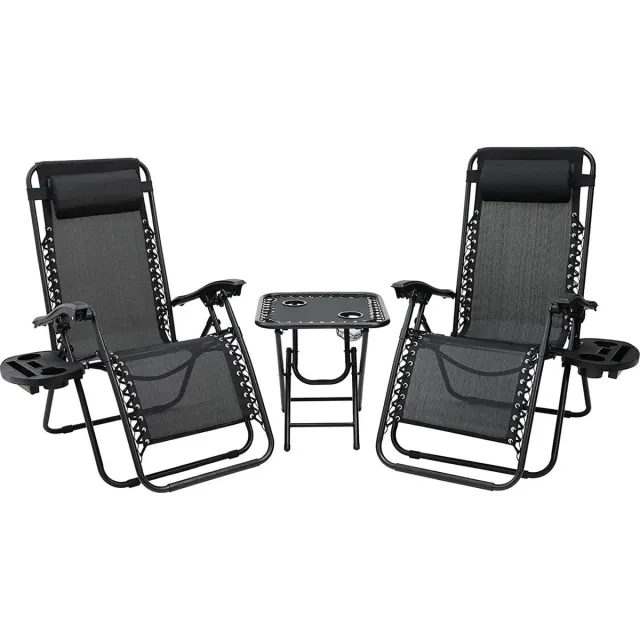 DHN Set van Twee ligstoelen met tafel - Tuinmeubels - Ligstoelen met tafel - Balkonset - Aluminium - Zwart