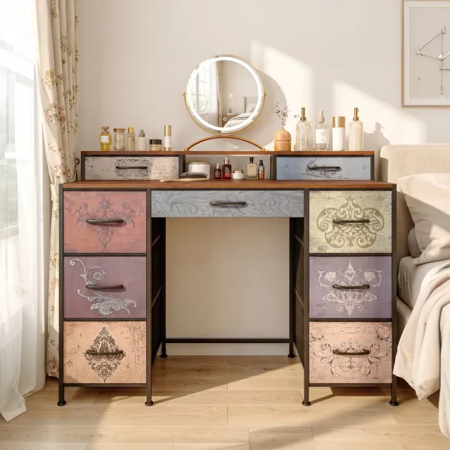 ROSAHQNDA Kaptafel 121x40x91 cm met 9 lades, make-up tafel,opbergruimte, vintage design, MDF, zwart metalen frame