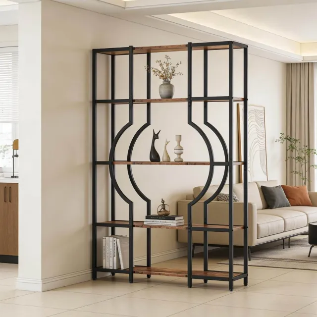 REDOM Boekenkast - 5-laags open opbergrek - Met wandbevestiging - Metaal en MDF - Vintage stijl - Woonkamer of werkkamer - Zwart en rustiek bruin - 104 x 30 x 169 cm