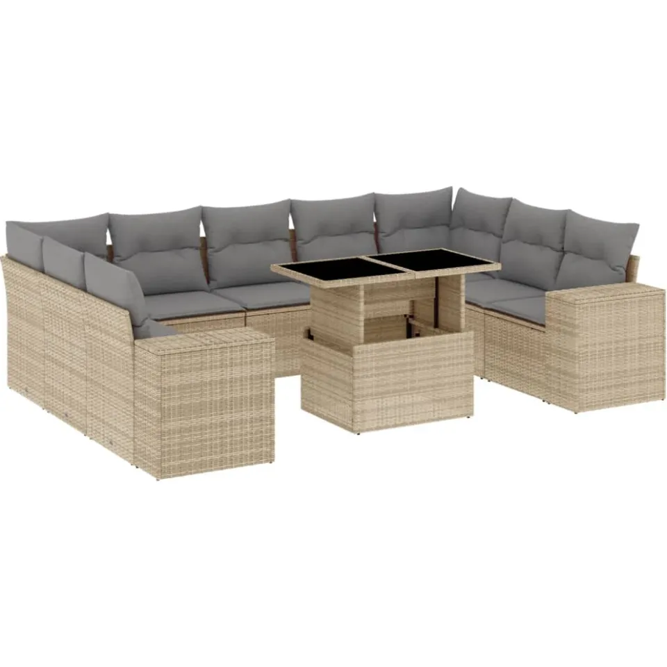 vidaXL 10-delige Loungeset met kussens poly rattan beige