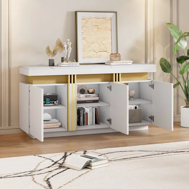 MEUNIQ Dressoir 140 x 38 x 70 cm met 3 deuren, 6 vakken en verstelbare planken - witte opbergkast voor woonkamer, hal of kantoor