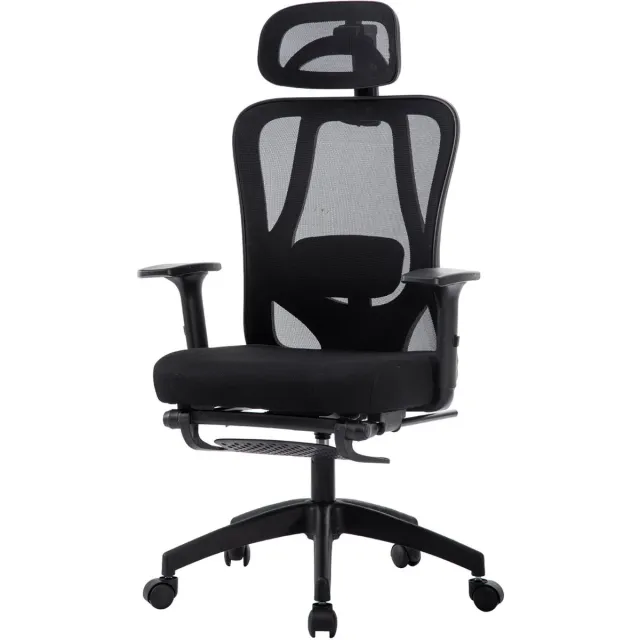 K IKIDO Bureaustoel - Ergonomische Bureaustoel met Armleuningen, lendensteun, kledingrek en voetsteun - Vergaderstoel - Office Chair voor Volwassenen - Kantoorstoel - Zwart