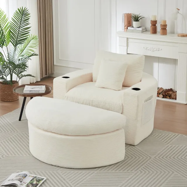 OKWISH Chaise Longue 156 x 136 x 88 cm - Deelbaar met Verplaatsbare Voetenbank, Bekerhouder en Zijvakken - Voor de Woonkamer - Ribstof - Beige Ivoorkleurig