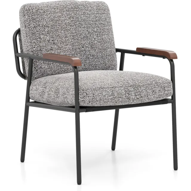 Costway Gestoffeerde stoel, woonkamerstoel met rugkussens en armleuningen van massief hout, metalen frame, tot 150 kg, accentstoel, relaxstoel, leesstoel, voor woonkamer, slaapkamer, 60,5 x 71 x 86 cm Grijs + Zwart