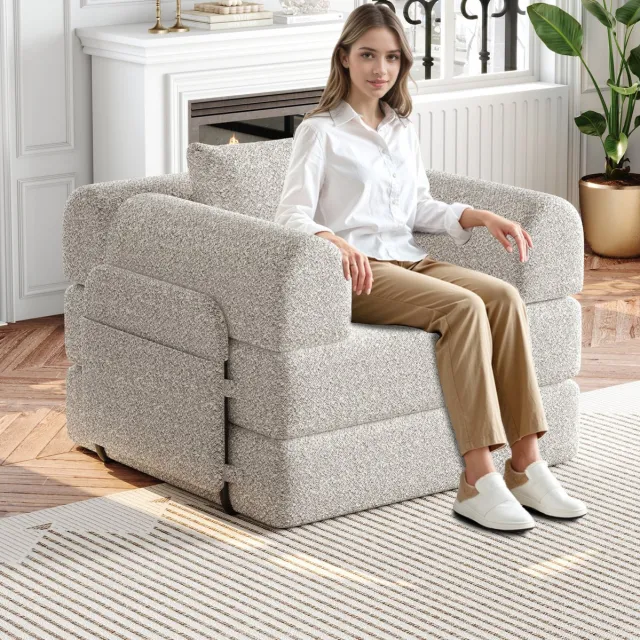COVREO Slaapbank 91,4 x 94 x 69,8 cm khaki chenille - 1-zits - met opbergruimte in armleuning