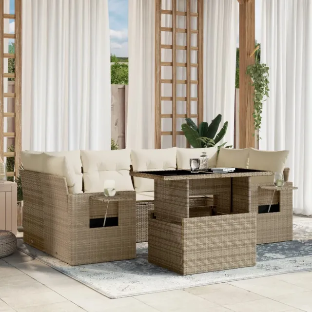 vidaXL 7-delige Loungeset met kussens poly rattan beige, foto 2