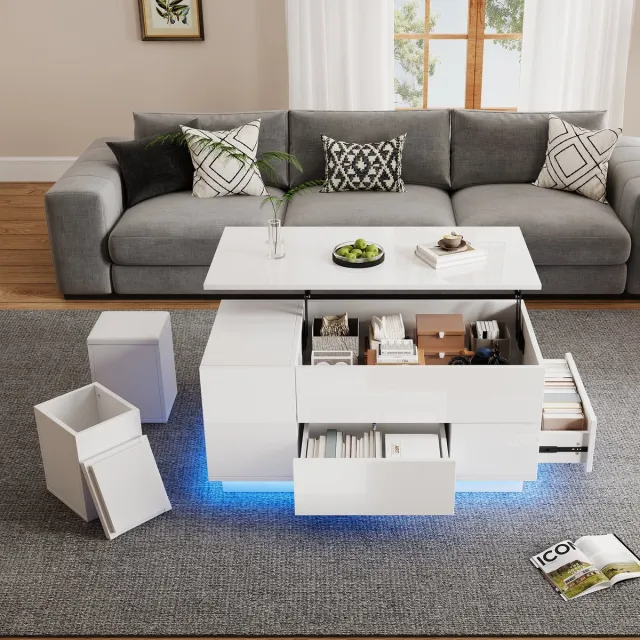 REDOM Salontafel 100x50x45 cm van spaanplaat, wit hoogglans, verstelbaar met LED, 2 laden en opbergruimte
