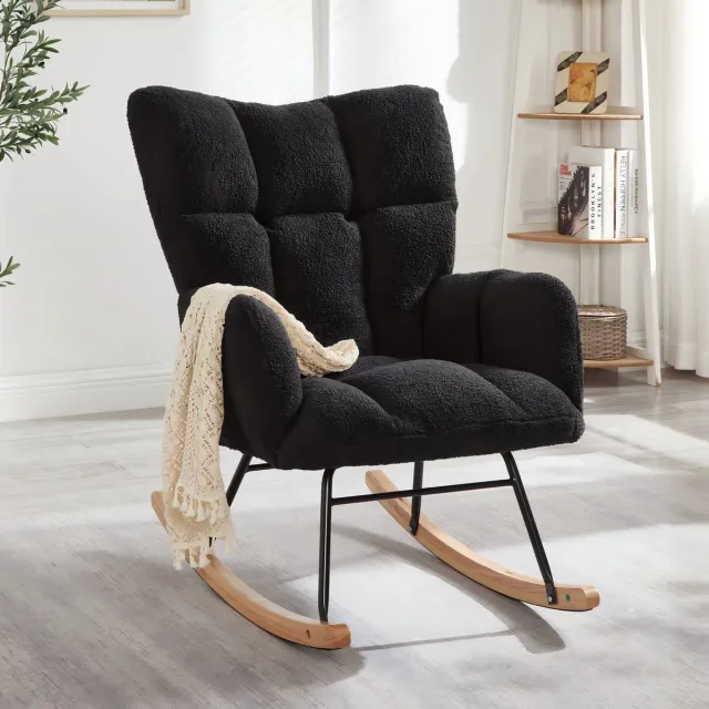 Wishdor Schommelstoel - Modern scandinavisch design - Stoffen relaxfauteuil met armleuningen - Houten en metalen frame - Zwart - 69 x 89 x 101 cm - Voor woonkamer