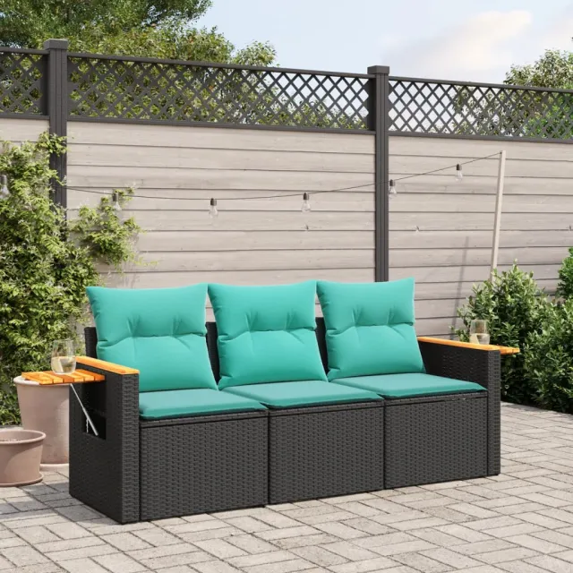 vidaXL 3-delige Loungeset met kussens poly rattan zwart, foto 2
