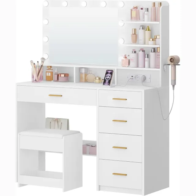 HILINSIE Kaptafel met 3-Kleurige Led-Verlichting, met Stopcontact en Grote Spiegel, Kruk en FöHnhouder, Kaptafel met Meerdere Lades, 6 Open Opbergvakken, 40 x 108 x 139 cm, Wit