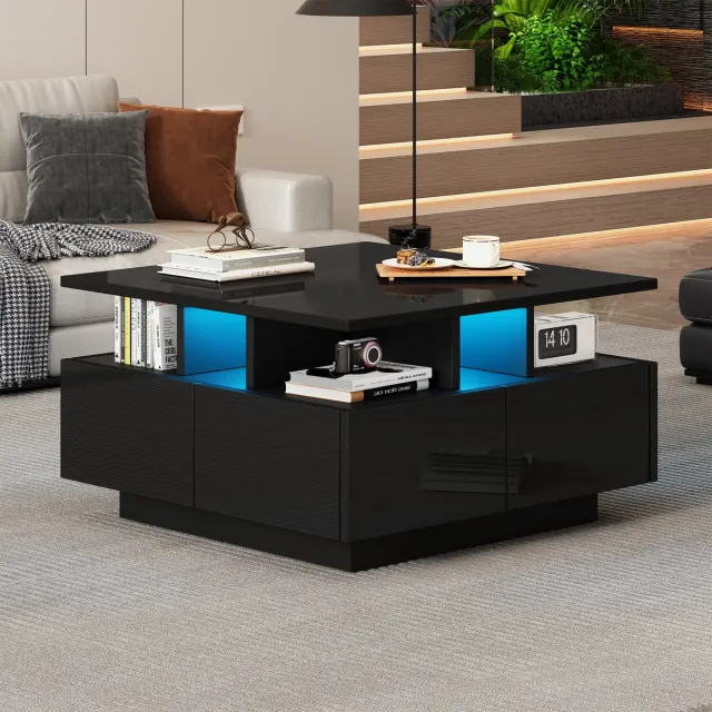 Wishdor Kubus-salontafel 70 x 70 x 40 cm hoogglans met app-gestuurde LED, 4 lades, zwart, draagvermogen 30 kg Wit
