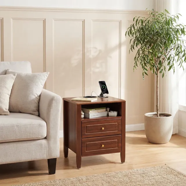 HOERFURIY Nachtkastje met Oplaadstation USB & 2 Lades - Esdoorn Houtlook - 50x40x60CM