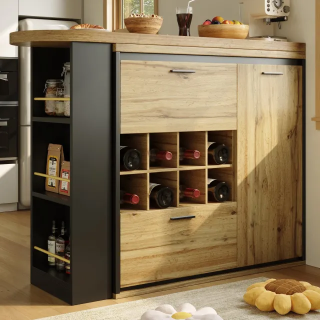STILVORA Eettafel - Uitrekbare Eettafel Met Opberging - 2 Laden En Wijnrek - Voor Keuken En Woonkamer Bartafel - MDF;Metaal - 138-220x39x105 cm - Notenbruin Houtkleur