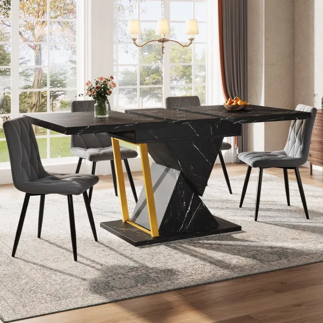MODFU Uitschuifbare Eettafel - Marmerlook - Klassiek - Voor Keuken En Eethoek - MDF En Metaal - Zwart - 110-140 X 80 X 76 Cm