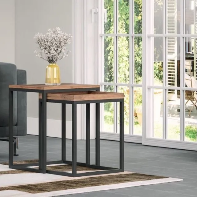 FurnStar Bijzettafel - Set van 2 - Moderne industriële stijl - Eenvoudig in en uit elkaar te schuiven - 45 x 40 x 55 cm / 40 x 38 x 51 cm - Licht hout-bruin