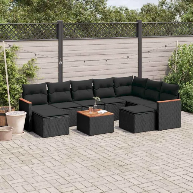 vidaXL 10-delige Loungeset met kussens poly rattan zwart, foto 2