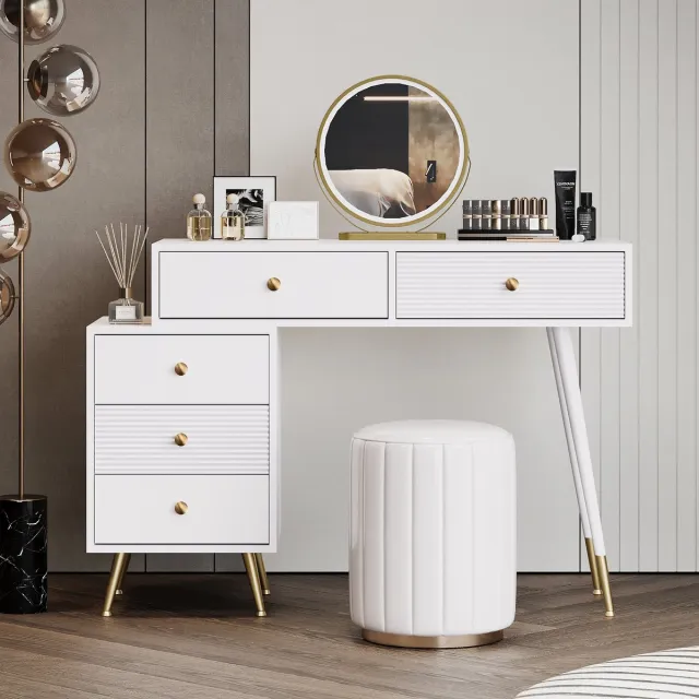 Sweiko Kaptafel - LED-spiegel - Met verstelbare zijkasten - 5 lades - 100 x 78 x 40 cm - Wit (zonder stoel)