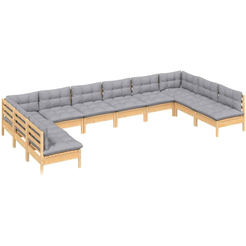 vidaXL 10-delige Loungeset met grijze kussens massief grenenhout Grijs