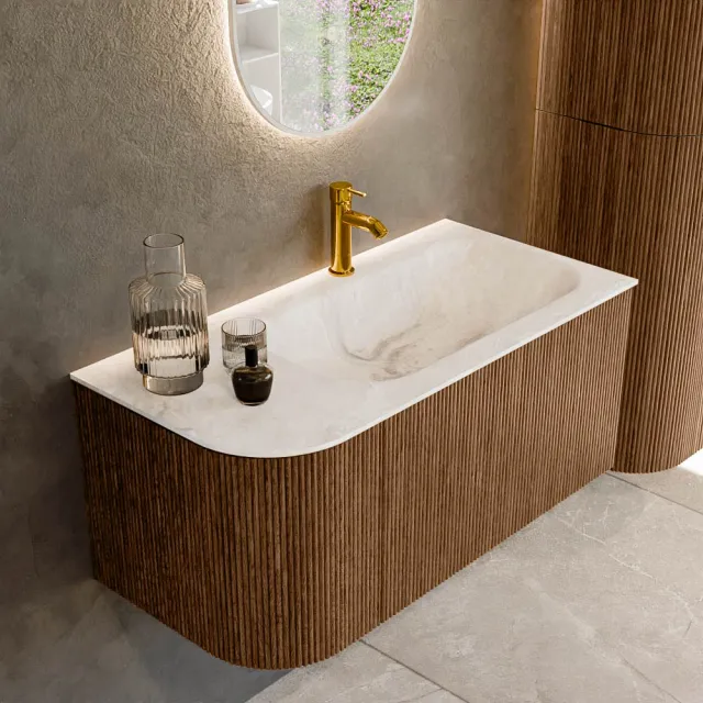 Mondiaz KURVE-DLUX 95 cm Onderkast Greeploos 1 Lade Met Deuren Walnut, Wastafel Solid Surface Rechts Frappe 1 Kraangat Zonder Spiegel (KRVBGS95L1L1D1KR-Wal/Fra)