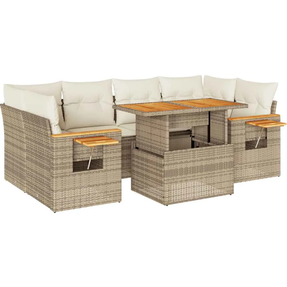 vidaXL 7-delige Loungeset met kussens poly rattan acacia beige, foto 3