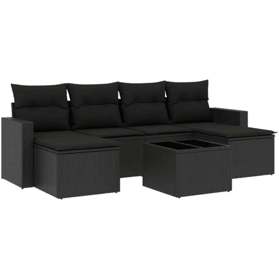 vidaXL 7-delige Loungeset met kussens poly rattan zwart