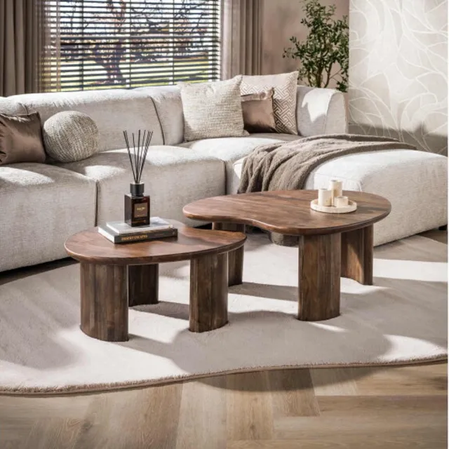 Meubelplaats Salontafel Mova organisch set van 2 acaciahout - Bruin - Japandi - 99x76x42 cm