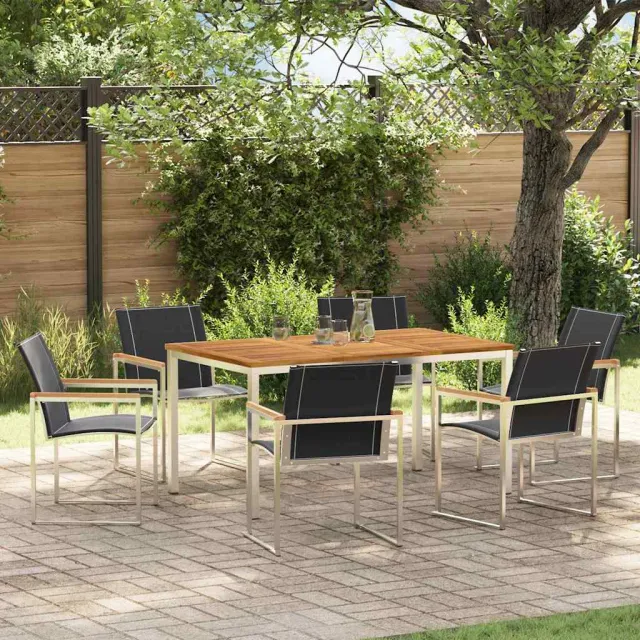 vidaXL Tuin eettafelset 7 st Massief acaciahout en roestvrij staal, foto 2