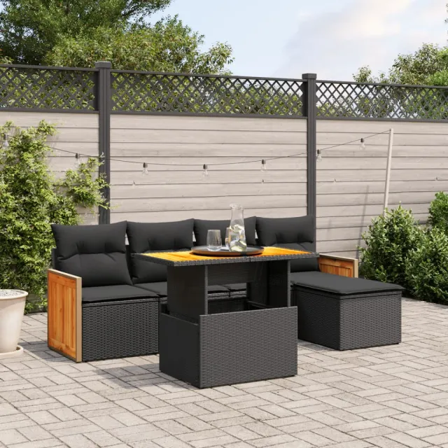 vidaXL 6-delige Loungeset met kussens poly rattan zwart, foto 2