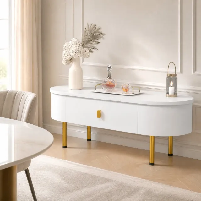 CHICFURN Salontafel 108 cm - Opbergruimte - Afgeronde hoeken - 2 lades - Woonkamer - MDF - Wit en goud