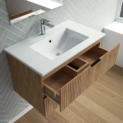 Aurlane Badmeubelset Amelia 60cm - Hout - Met Spiegel En Wastafel - Met 2 Lades - Met Witte Wastafel, foto 4