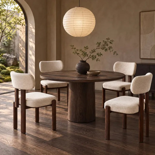 BonBonVibes Set van 4 Eetkamerstoelen Naomi Beige – Japandi Eetstoelen met Walnootkleurige Poten – Japanse Stijl Stoelen voor Eetkamer, Woonkamer & Eettafel – Moderne Set Deal 4 Stuks wit bruin beige