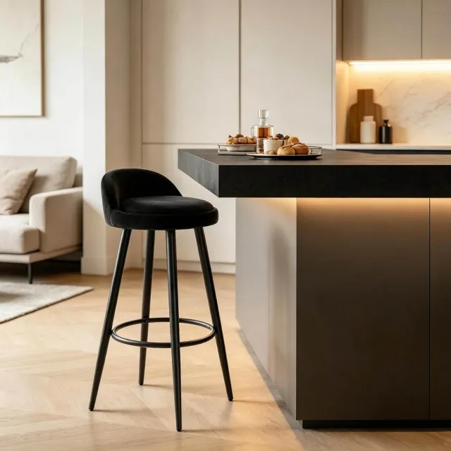 MIVRAY Barkruk Met Rugleuning - Zwart Velvet Barstoel - Gevoerde Zitting En Voetsteun - Voor Keuken En Bar - Hout Metaal Black