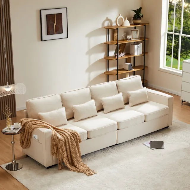 MODENUIT Sofa 264 x 83 x 87 cm - 4-Zits Met Zijvakken En 4 Kussens - Voor Woonkamer Of Kantoor - Linnen Beige
