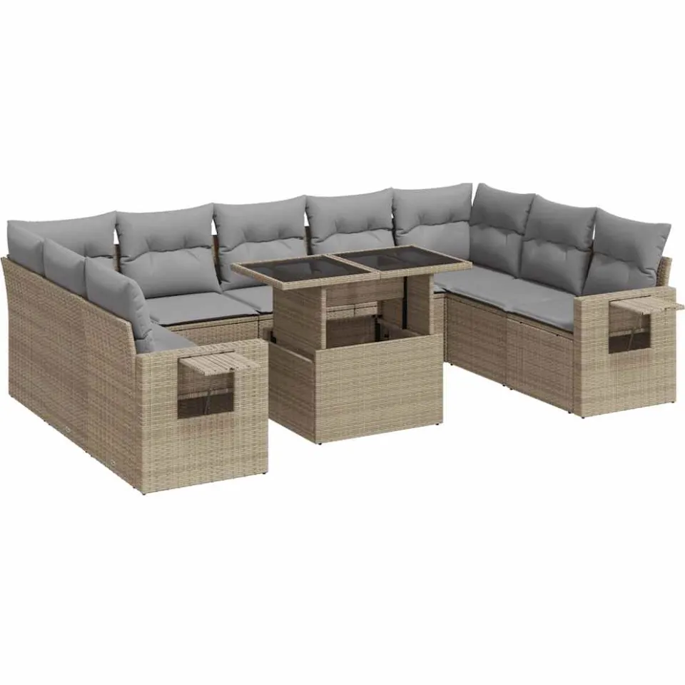 vidaXL 10-delige Loungeset met kussens poly rattan beige, foto 3