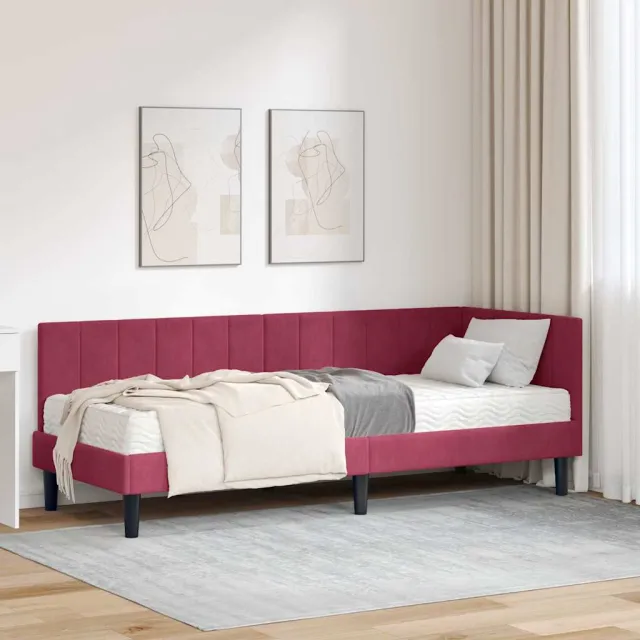 vidaXL Hoekbedframe met Matras 2 st Wijnrood 80 x 200 cm Fluweel